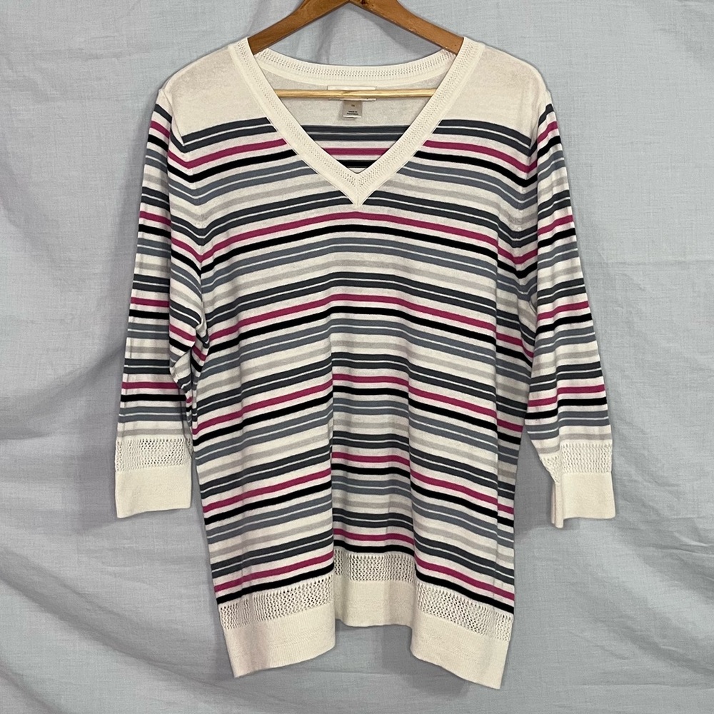 CJ Banks White with Multi-Color Horizontal Stripes & Decorative Trim in Size 1X